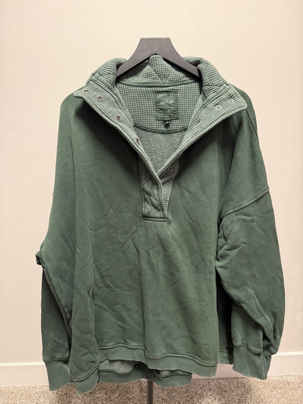 aerie Olive Green Waffle Knit Snap Pullover